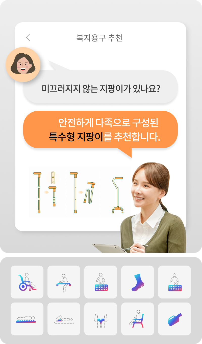 다양한 복지용구 상품 중 어르신 상태에 도움이 되는 상품을 추천해드려요